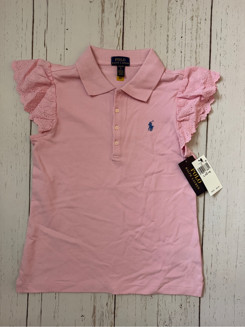 Ralph Lauren Light Pink Eyelet Sleeve Polo Top